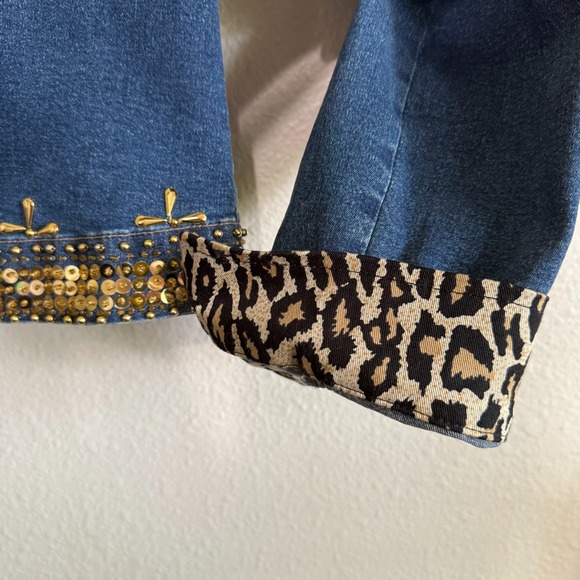 Vintage Gabby D Studded Leopard Western Jacket Women's Medium Blue Denim‎ Sequin - Picture 5 of 11
